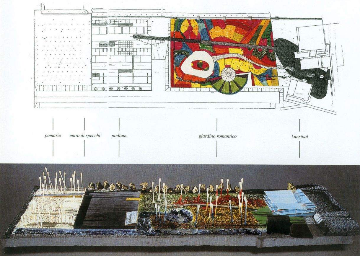 Astract model of a design landscape made from rough materials and an accompanying plan
