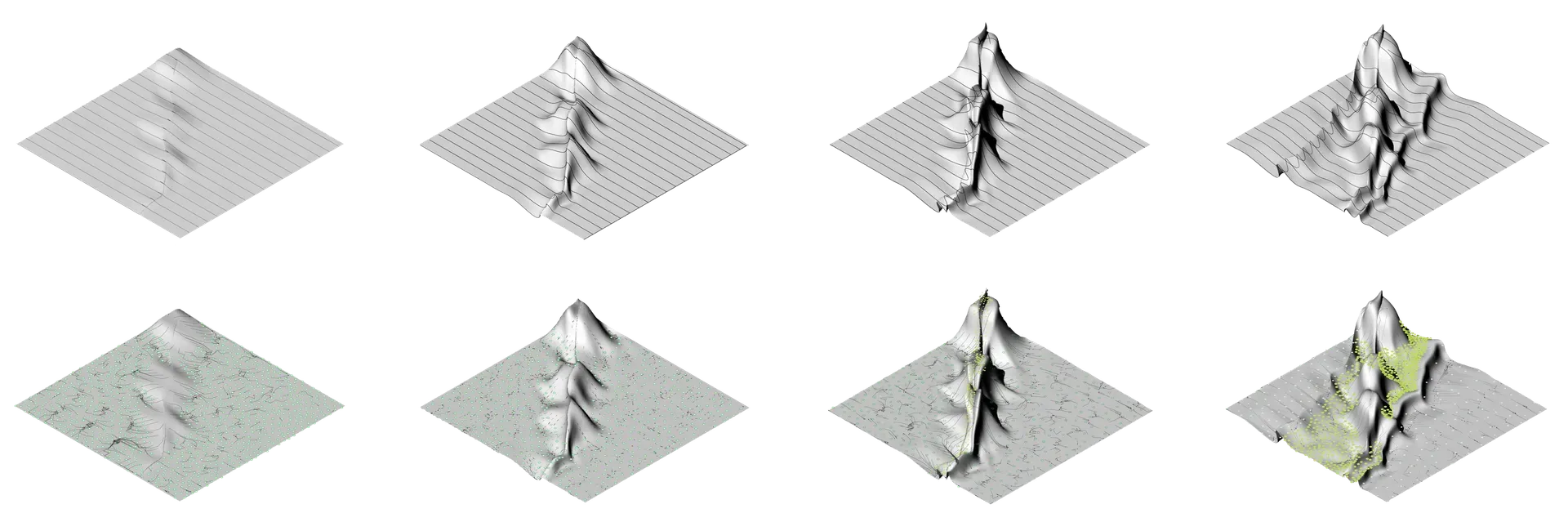 A series of isometric renders of landform showing the emergence of a mountain range and vegetation atop it ^caption: Each of the two rows here are snapshots of a parametric model at four different states. In the top row, the model was produced as a modelling exercise used to introduce parametric methods by creating a series of geometric operations upon a set of 9 curves (that then feed into a loft) in order to enact a geological process (tectonic uplift in this case). In the second row the same model is overlaid with a simple analysis of the grade that informs a projection of how vegetation distributions respond to the changing topography