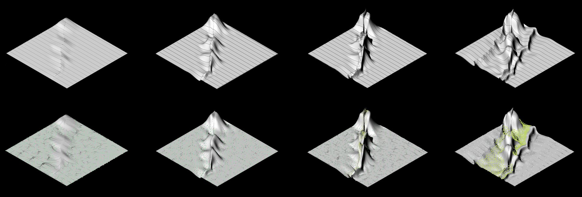 A series of isometric renders of landform showing the emergence of a mountain range and vegetation atop it ^caption: Each of the two rows here are snapshots of a parametric model at four different states. In the top row, the model was produced as a modelling exercise used to introduce parametric methods by creating a series of geometric operations upon a set of 9 curves (that then feed into a loft) in order to enact a geological process (tectonic uplift in this case). In the second row the same model is overlaid with a simple analysis of the grade that informs a projection of how vegetation distributions respond to the changing topography