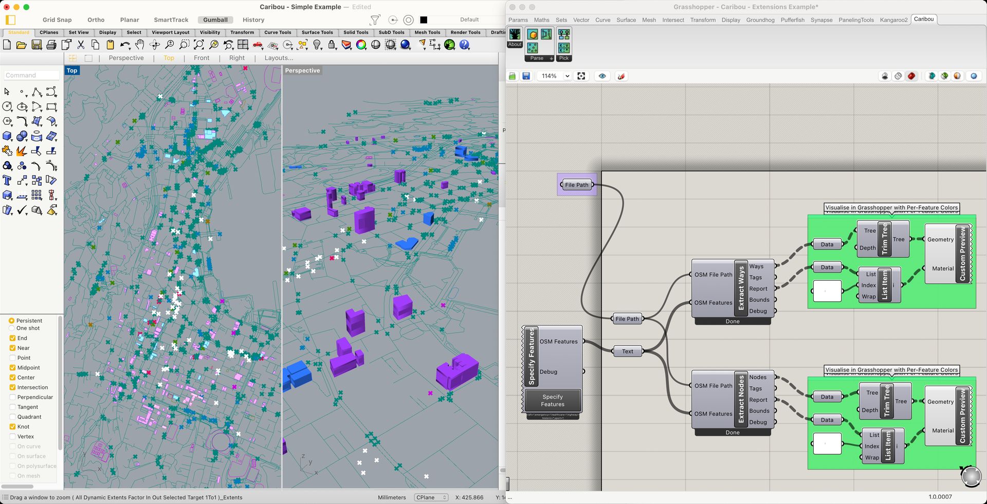 A screenshot of a CAD application showing a city model on the left and a parametric model on the right