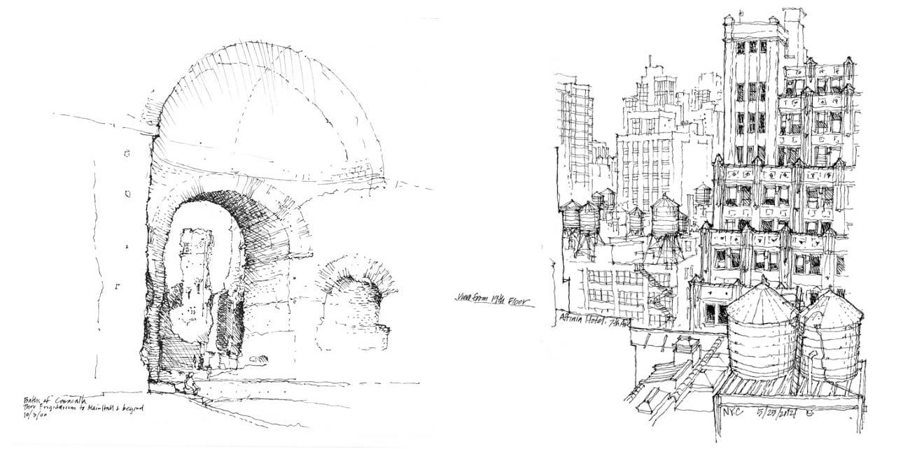 Perspective sketches of an archway and a city skyline