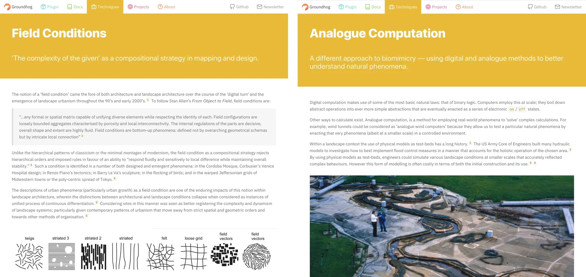 Screenshots from a website showing two articles with drawings