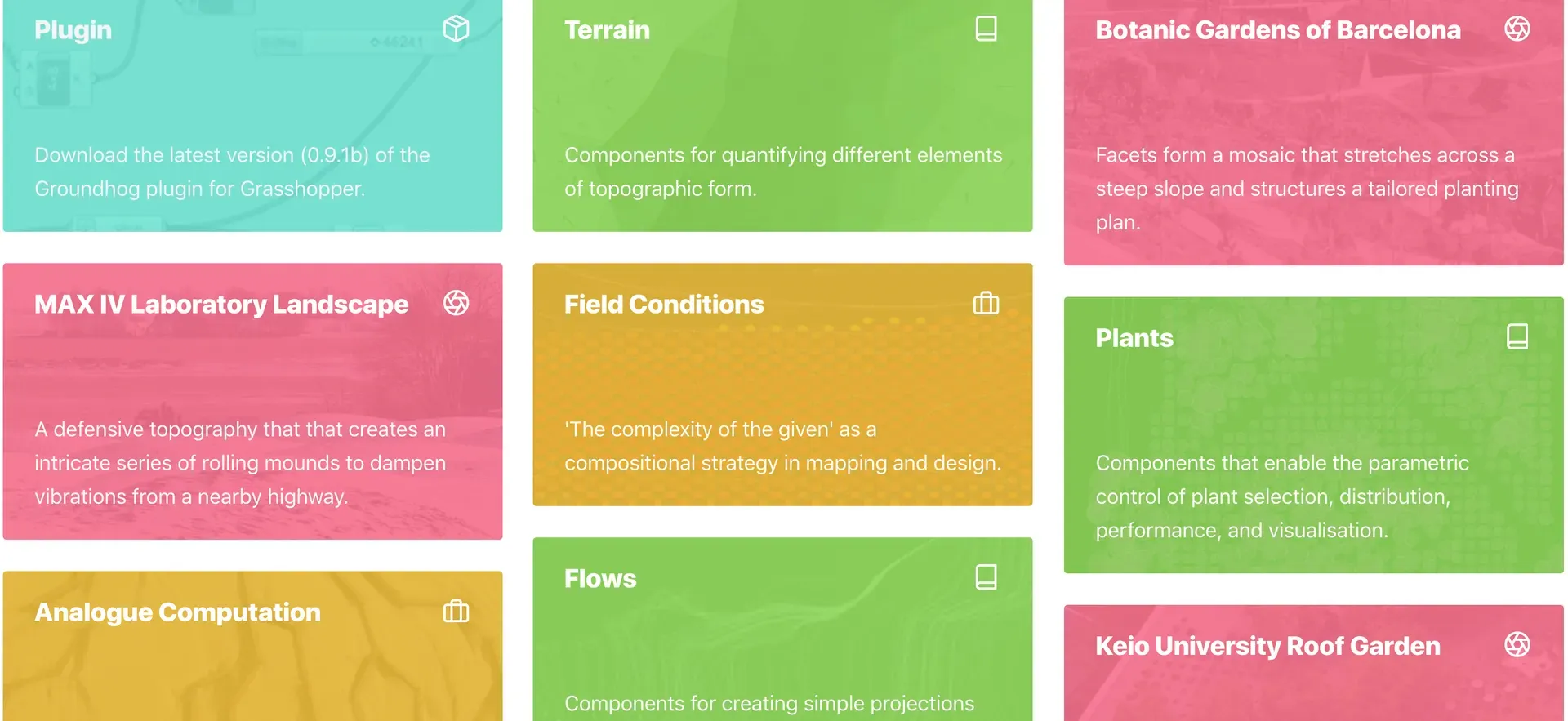 A screenshot from Groundhog's website showing colorful tiles