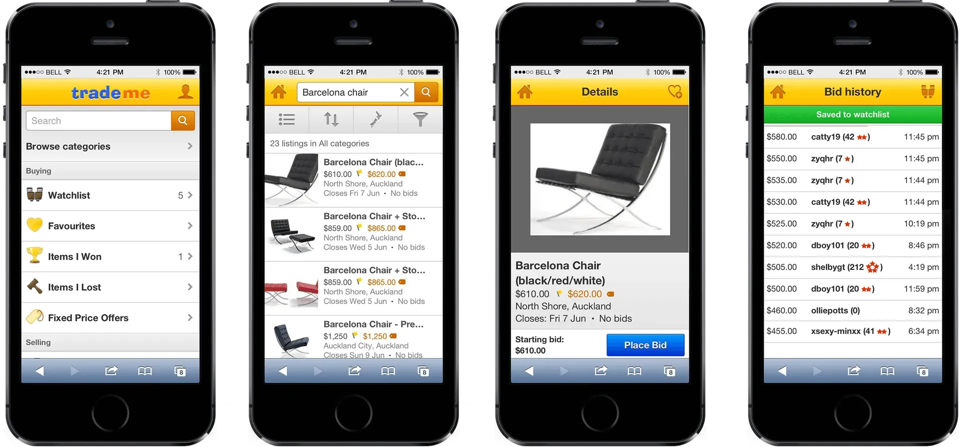 A series of four images showing an early iPhone displaying the mobile website for an auction website