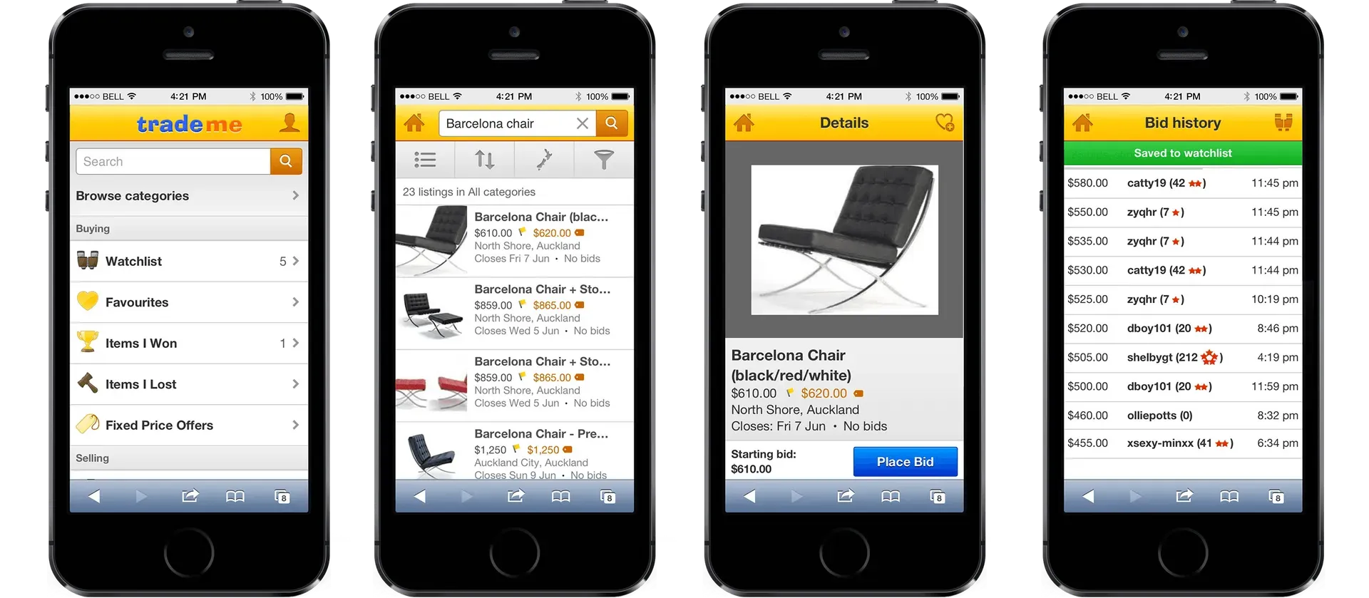 A series of four images showing an early iPhone displaying the mobile website for an auction website