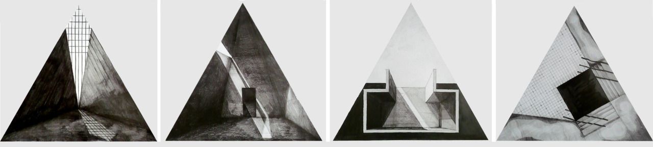 A series of triangular renders of architectural spaces full of sharp contrasts between light and dark