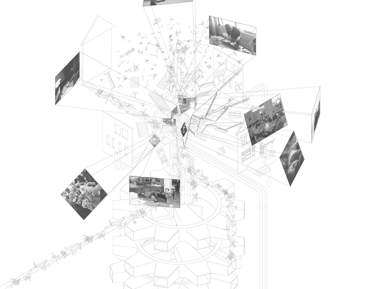 An abstract architectural drawing showing photographs exploding outwards from a room