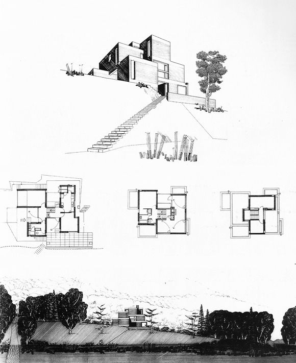 A section, plans, and perspective of a modernist house