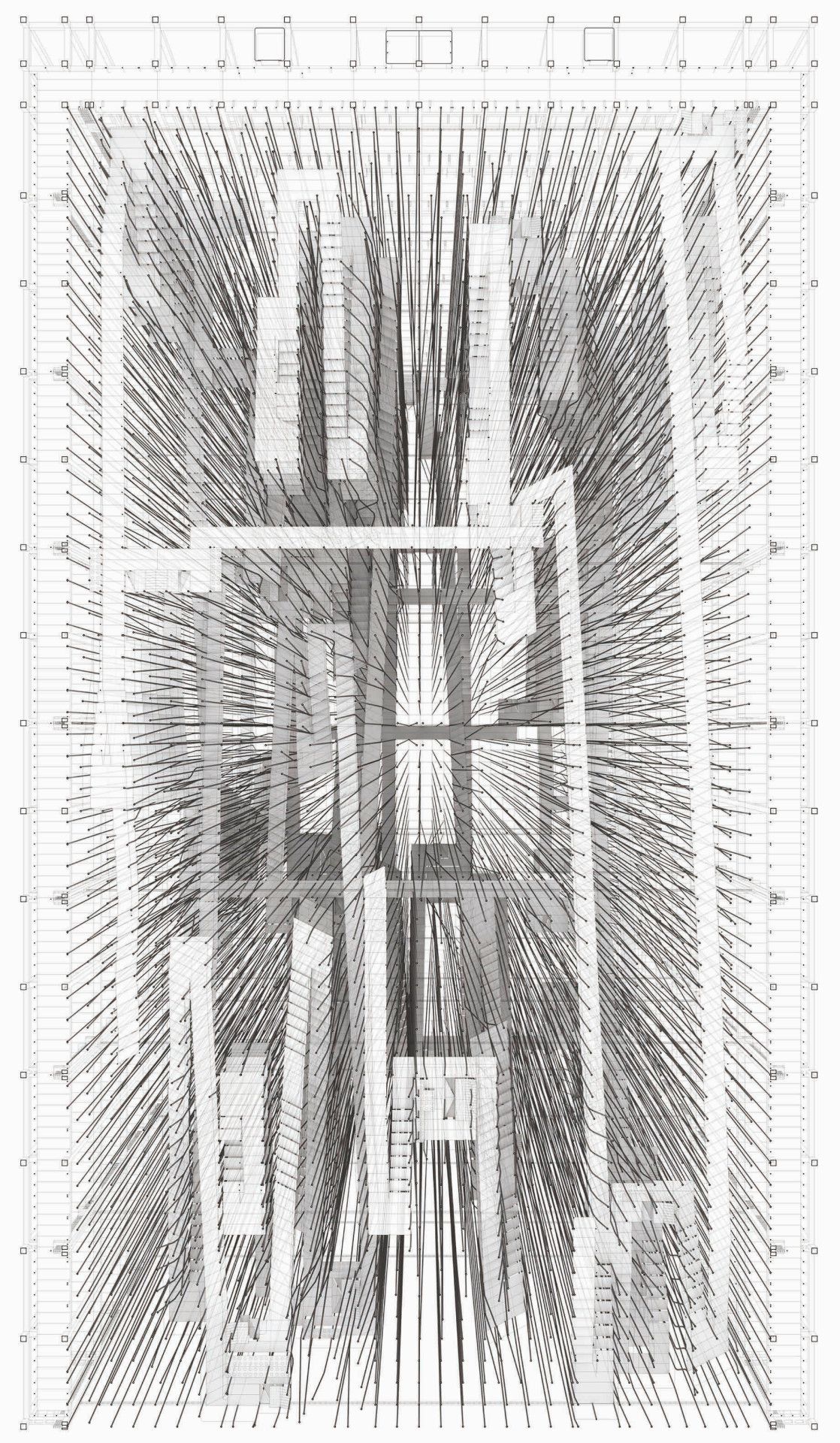 An abstract line drawing of an architectural form full of slim elements