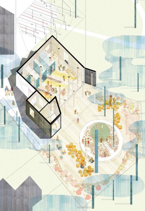 An isometric drawing of a house, illustrated with water-color like textures
