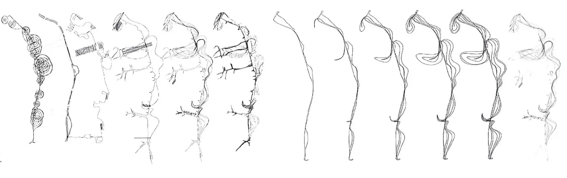 A series of abstracted plan drawings of a river system and site